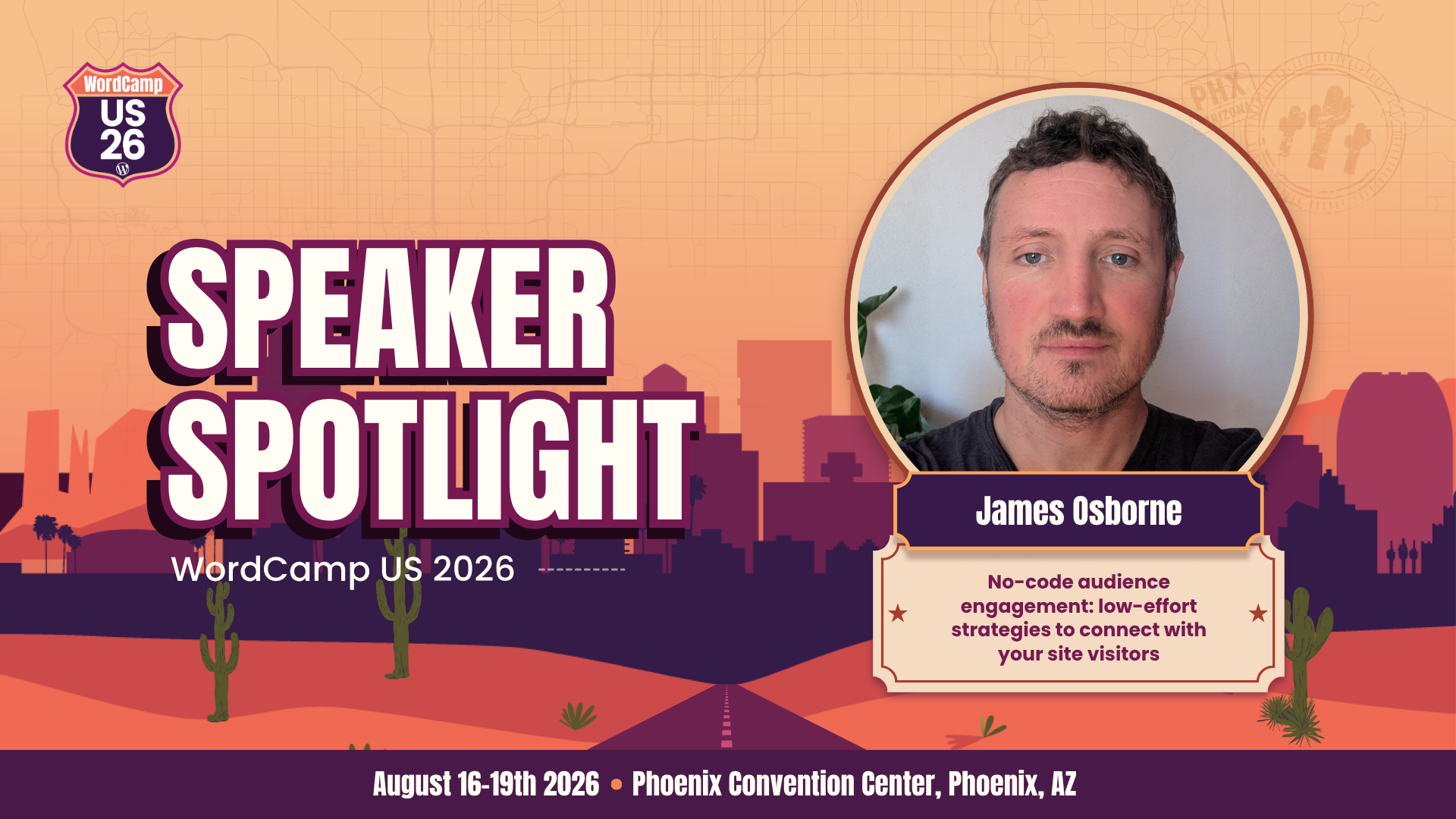 A graphic for WCUS, showing James Osborne's headshot for a "Speaker Spotlight".